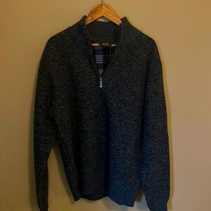 Marbled Navy Blue and White Half-Zip Pullover Sweater, Lined with Plaid Fleece